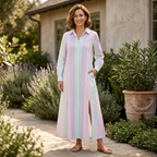 Pastel vertical striped maxi dress with collar, button front, long sleeves, side slit