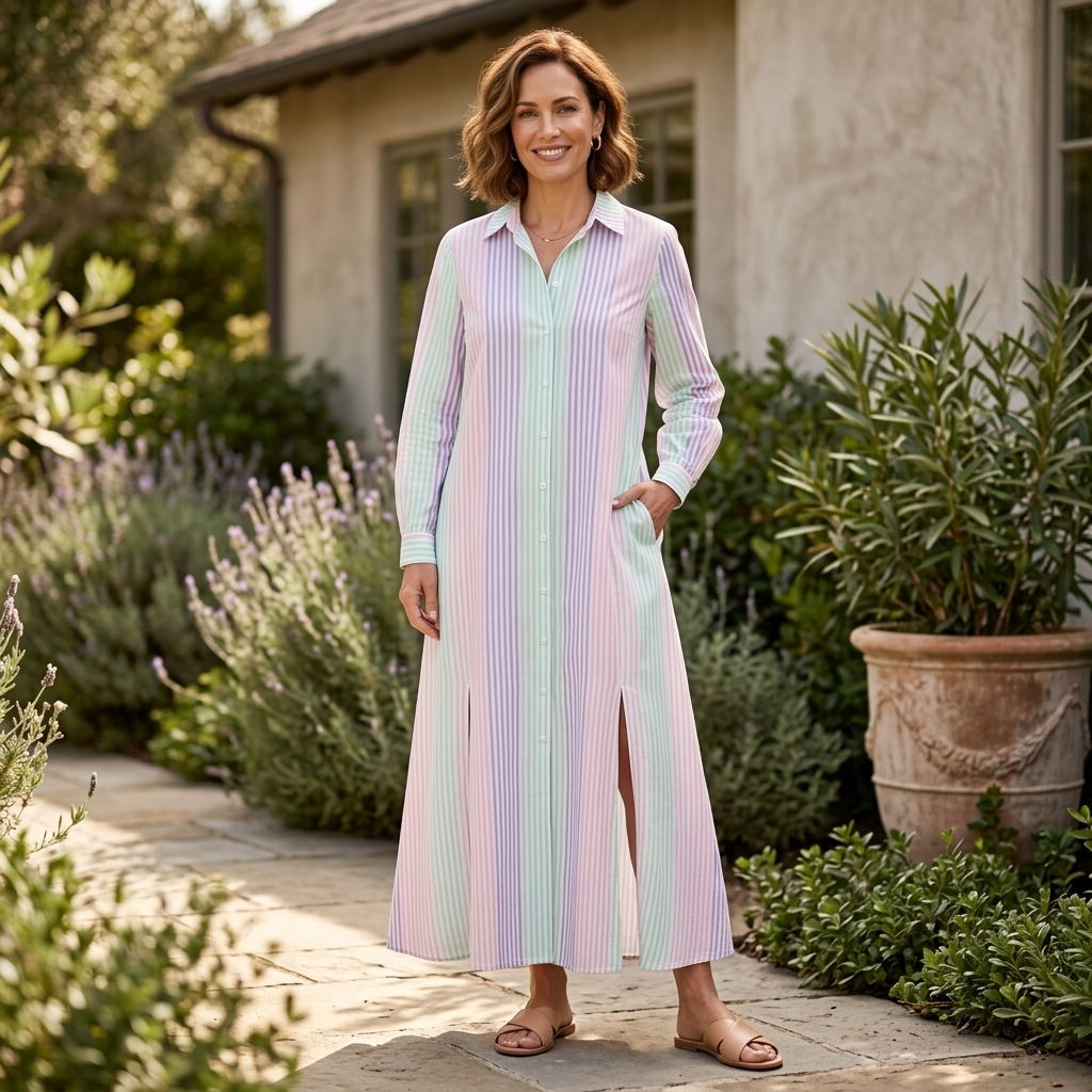Pastel vertical striped maxi dress with collar, button front, long sleeves, side slit