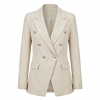 Ivory double-breasted blazer with peak lapels, gold buttons, and flap pockets