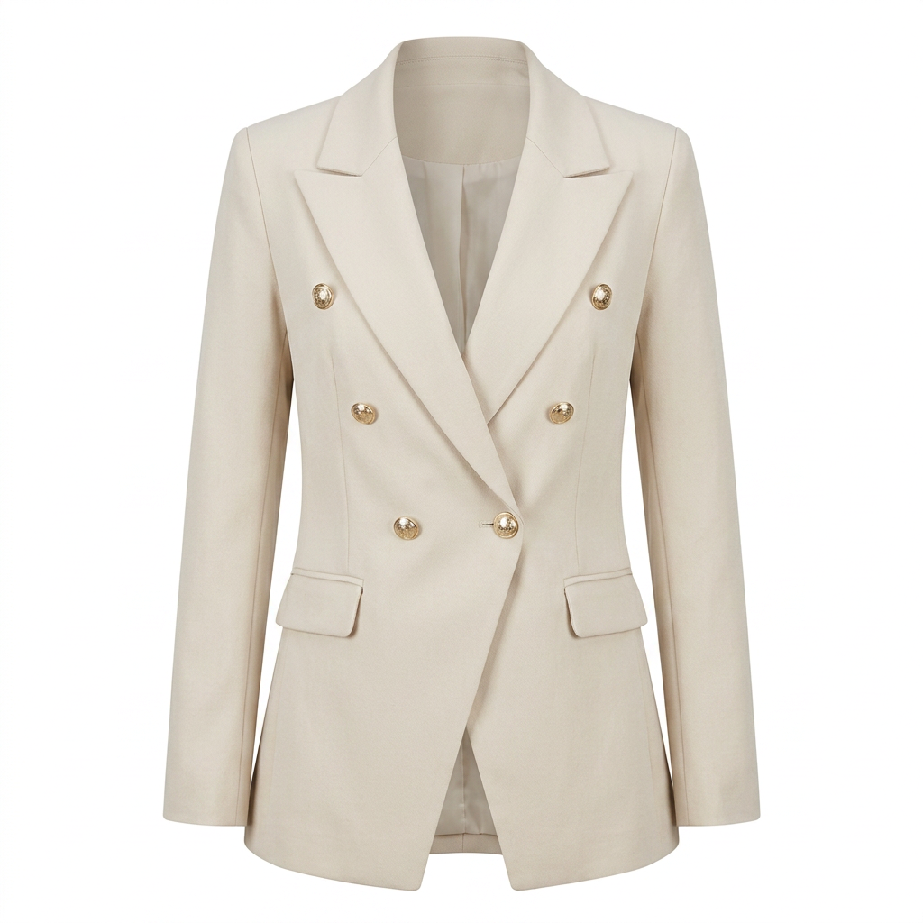 Ivory double-breasted blazer with peak lapels, gold buttons, and flap pockets