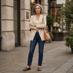 Beige structured blazer with gold buttons, peak lapels, and flap pockets