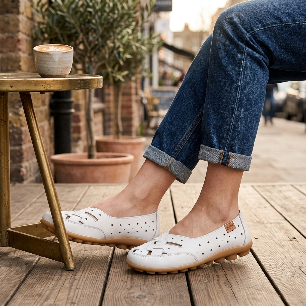 White leather slip-on loafers worn with cuffed blue jeans, perforated upper