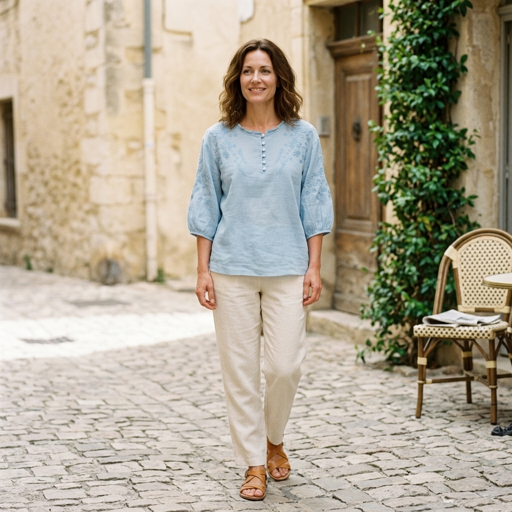 Light blue peasant blouse with embroidered detail, round neckline and 3/4 sleeves on model