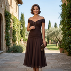 Dark maroon off-shoulder pleated midi dress on model, gathered waist and V detail
