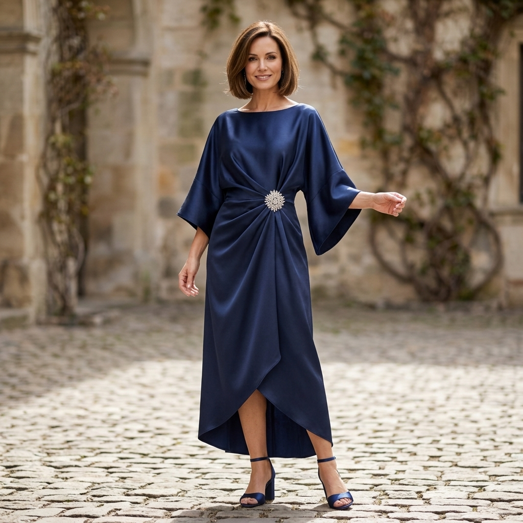 Midnight blue satin boat-neck maxi dress, wide draped sleeves, front slit, jeweled waist brooch