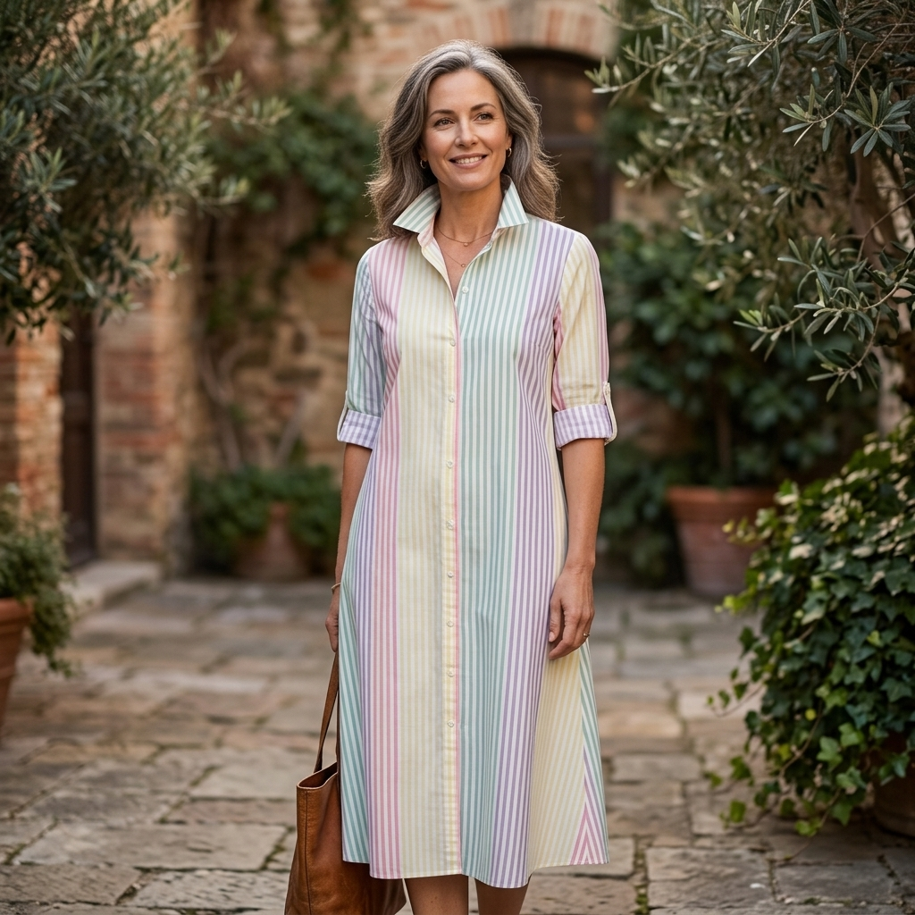 Women's Striped Collared Shirt Maxi Dress Long Sleeve Button Front Relaxed Fit