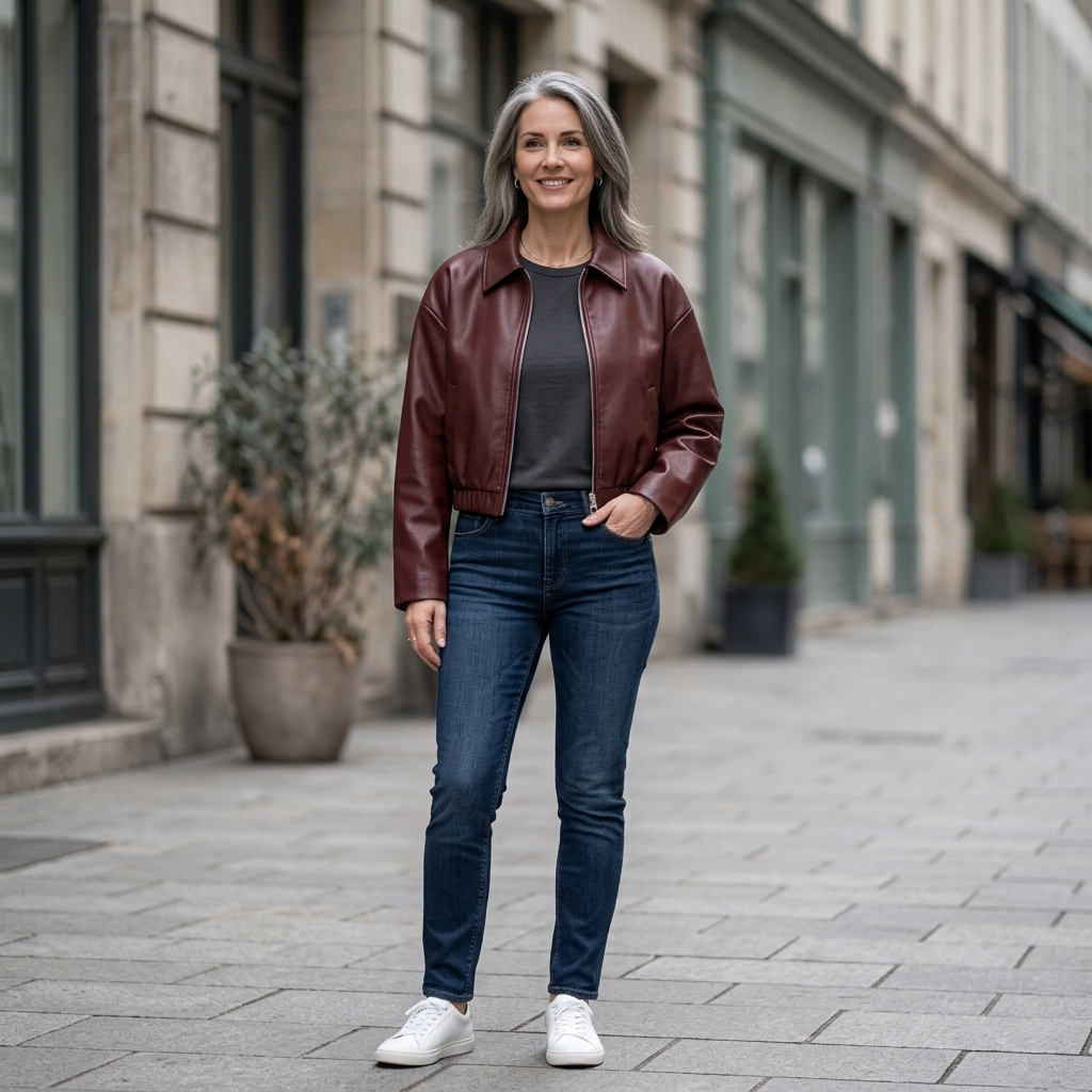 Women's Cropped Zip Leather Jacket Oversized Pointed Collar Relaxed Fit