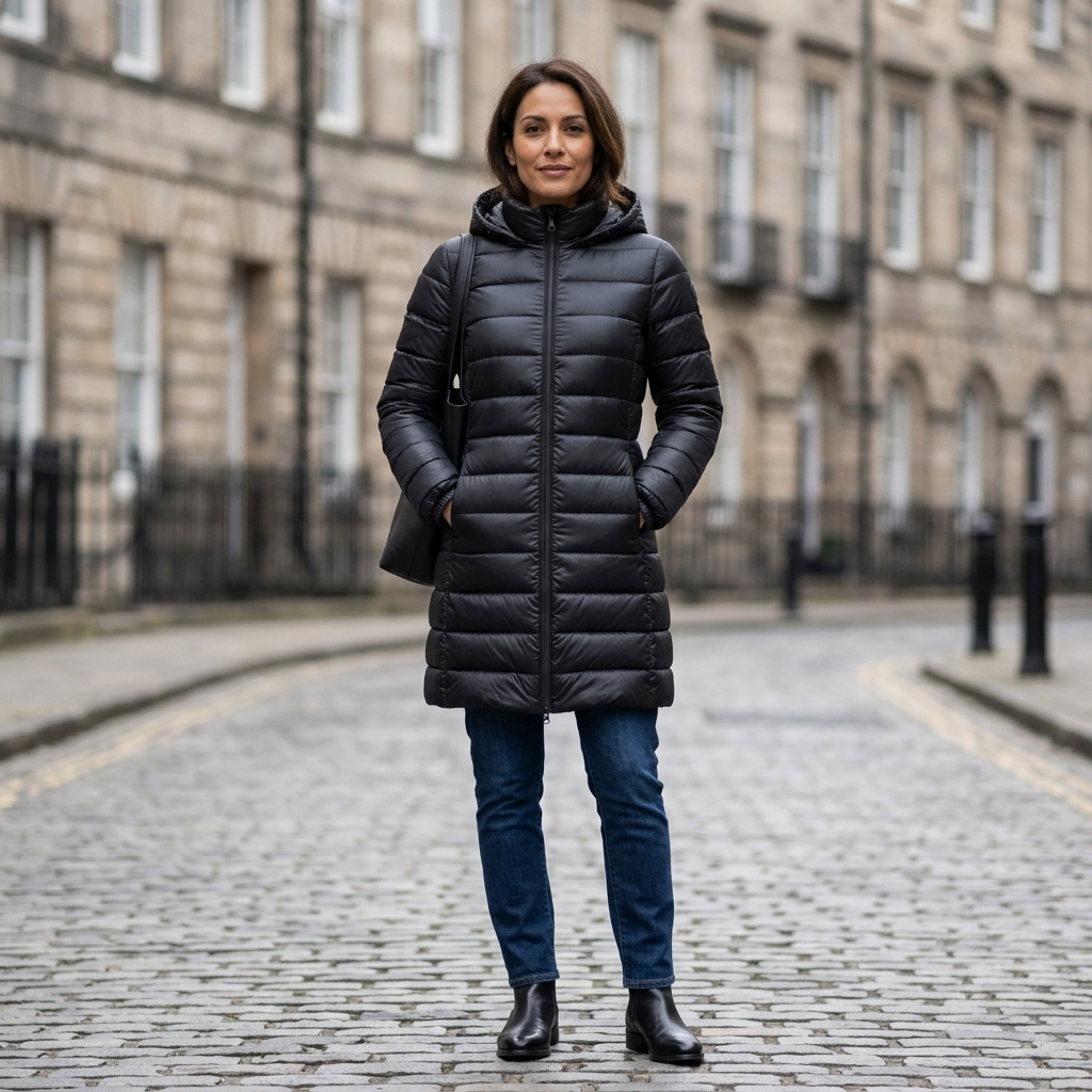 Women's Quilted Long Hooded Jacket Zip Front Straight Cut Matte Finish