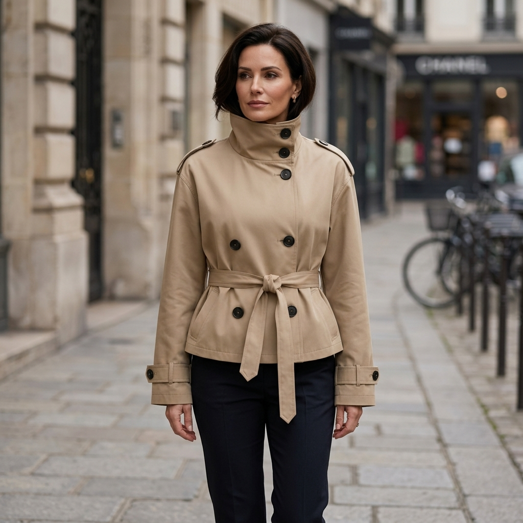 Women's Belted Cropped Trench Coat Double Breasted Stand Collar Relaxed Fit