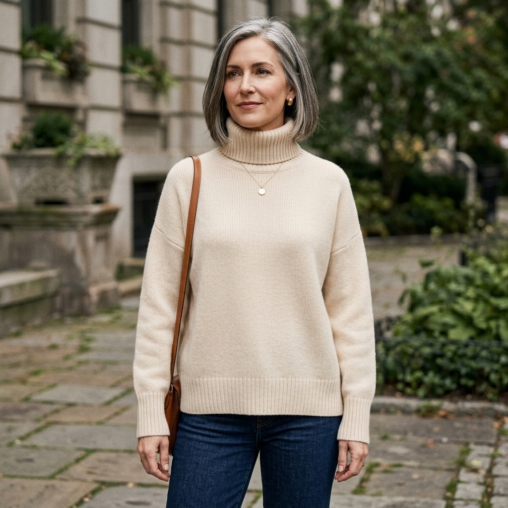 Beige ribbed knit turtleneck sweater worn with dark blue jeans
