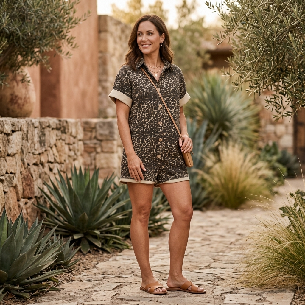 Leopard print button-front romper on model, collared short sleeves, rolled cuffs, shorts