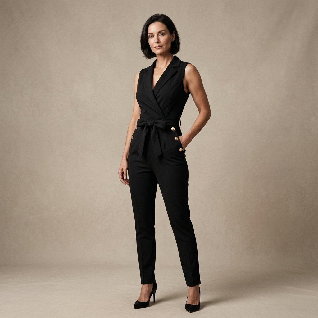 Black sleeveless wrap jumpsuit with V-neck, tied waist and gold buttons, tailored full-length fit