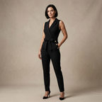 Black sleeveless wrap jumpsuit with V-neck, tied waist and gold buttons, tailored full-length fit
