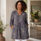 Grey floral V-neck long-sleeve blouse with gathered waist and relaxed drape
