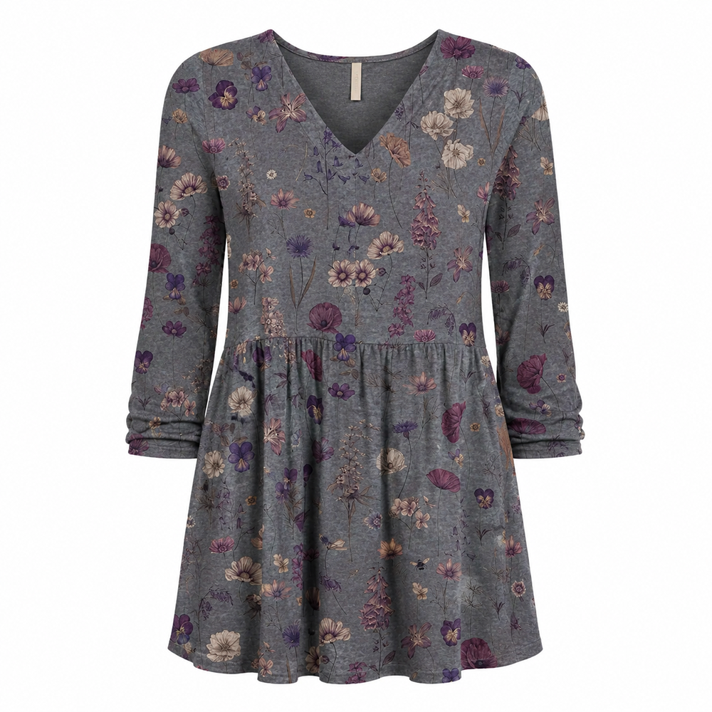 Grey floral long-sleeve V-neck blouse with gathered waist, relaxed fit