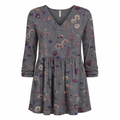 Grey floral long-sleeve V-neck blouse with gathered waist, relaxed fit