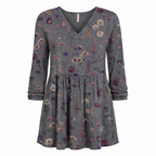 Grey floral long-sleeve V-neck blouse with gathered waist, relaxed fit